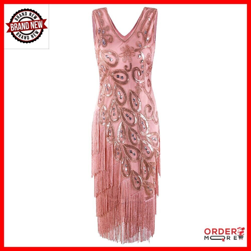 Vintage 1920s Sequin Flapper Dress with Fringe, Sizes S-XL